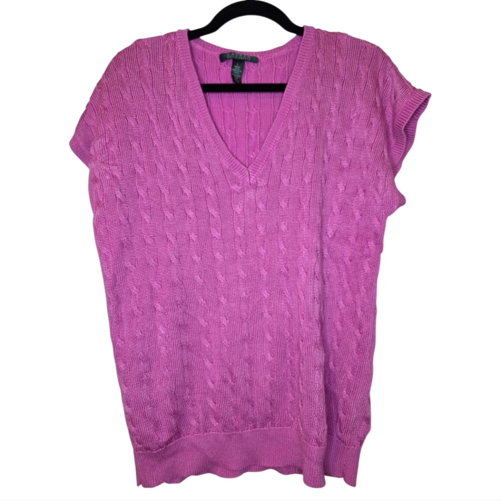 LAUREN RALPH‎ LAUREN V-Neck Cableknit Sleeveless Sweater Pink - Size Large